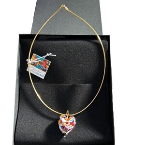 Gold Choker Necklace with Glass Multicolor Heart Pendant